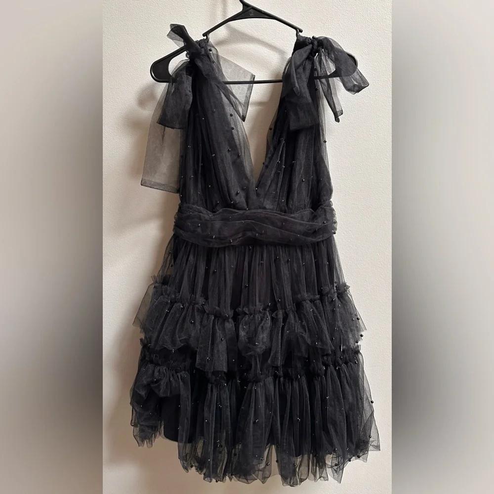 NEW Lulus Black Tulle Beaded Shoulder-Tie Tiered Mini Party Dress Women’s L READ - Picture 5 of 12